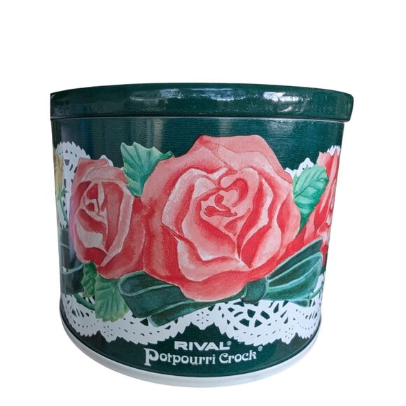 Vintage Rival Potpourri Crock Pot 3206 Green Lace Roses Tested Working - Picture 2 of 10